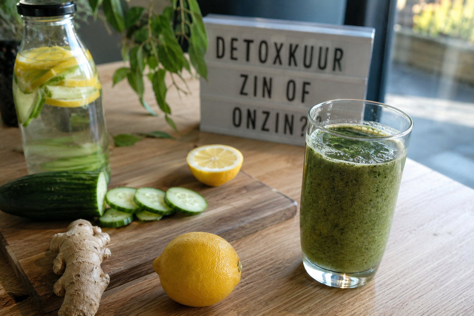 Verse groenten, fruit en een gembershot als gezonde gewoonte in plaats van een detox kuur
