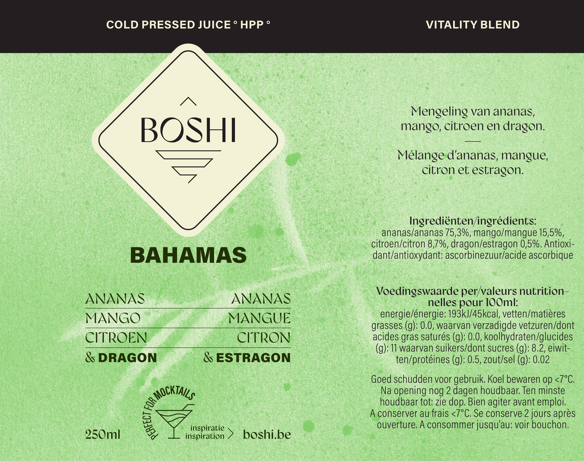 Volledig etiket van Boshi Bahamas met ingrediënten en voedingswaarden