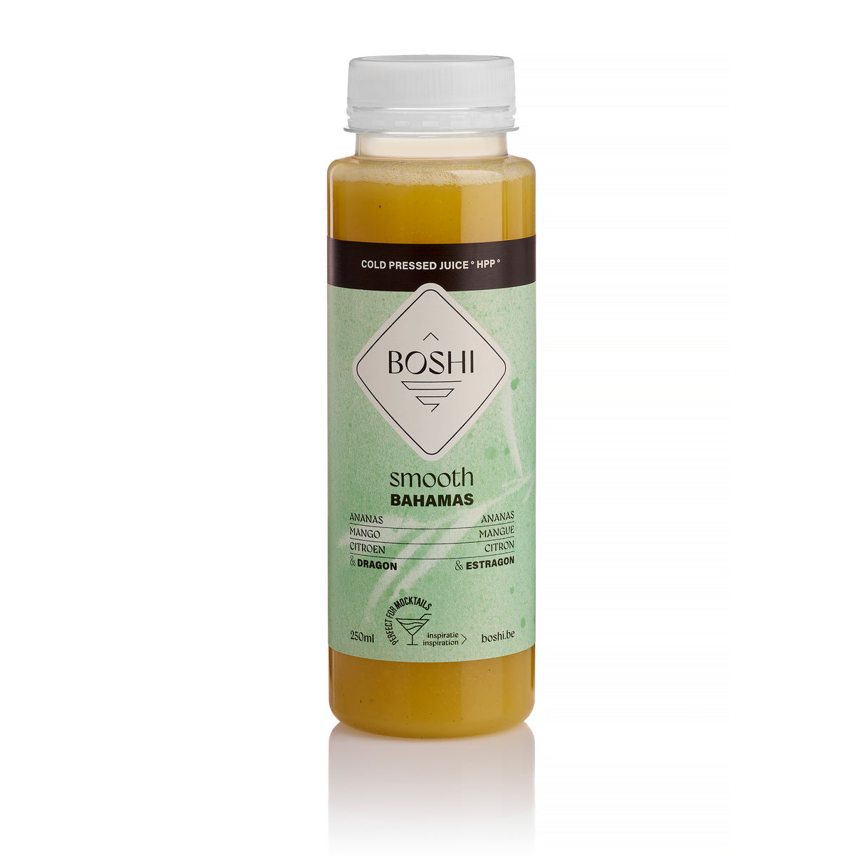 Flesje Boshi Bahamas van 250 ml, koudgeperst sap met ananas, mango, citroen en dragon