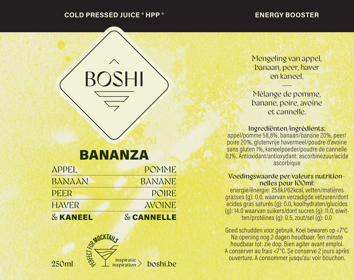 Volledig etiket van Boshi Bananza met ingrediënten en voedingswaarden