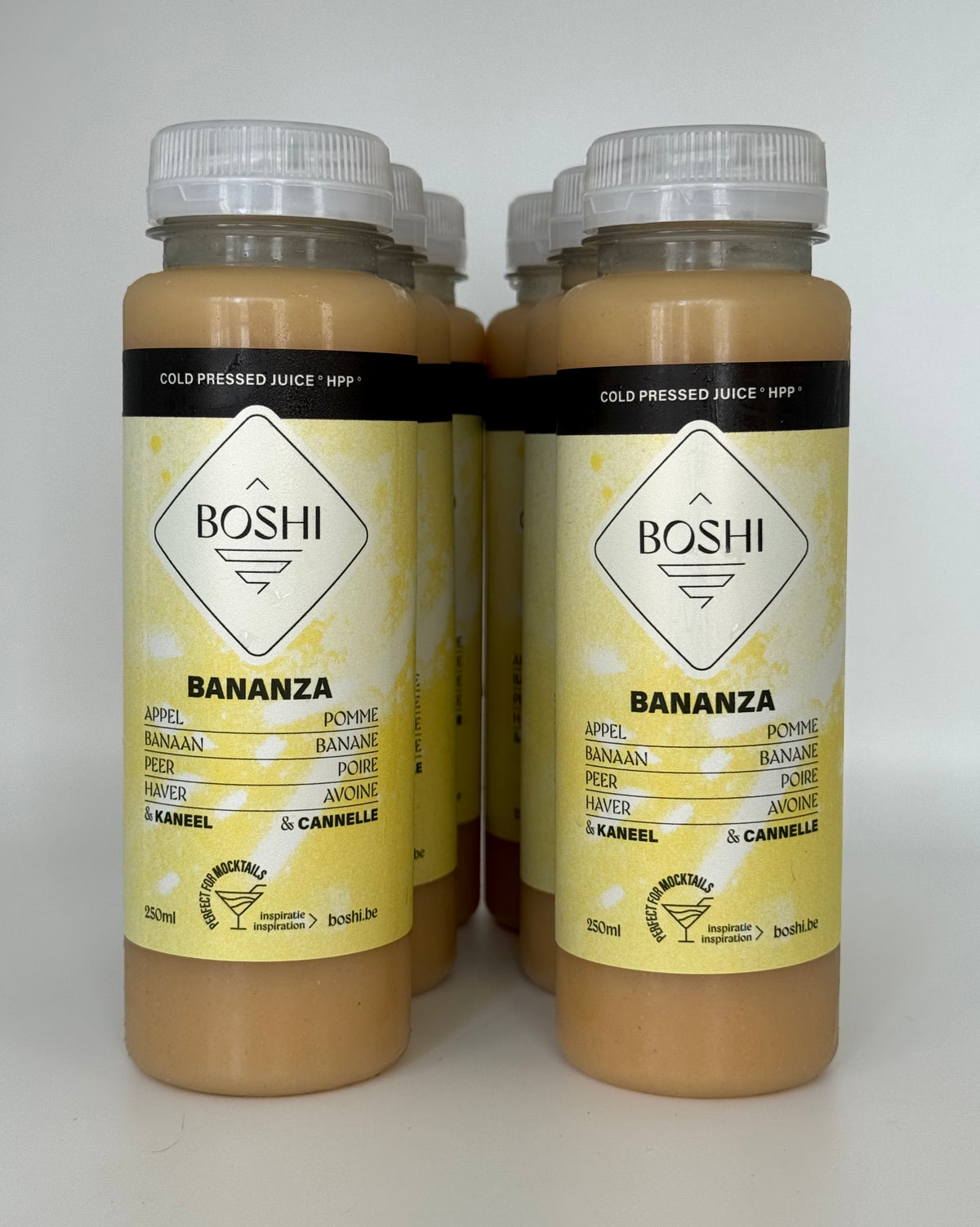 Zes flesjes Boshi Bananza van 250 ml, smoothie met appel, banaan en peer