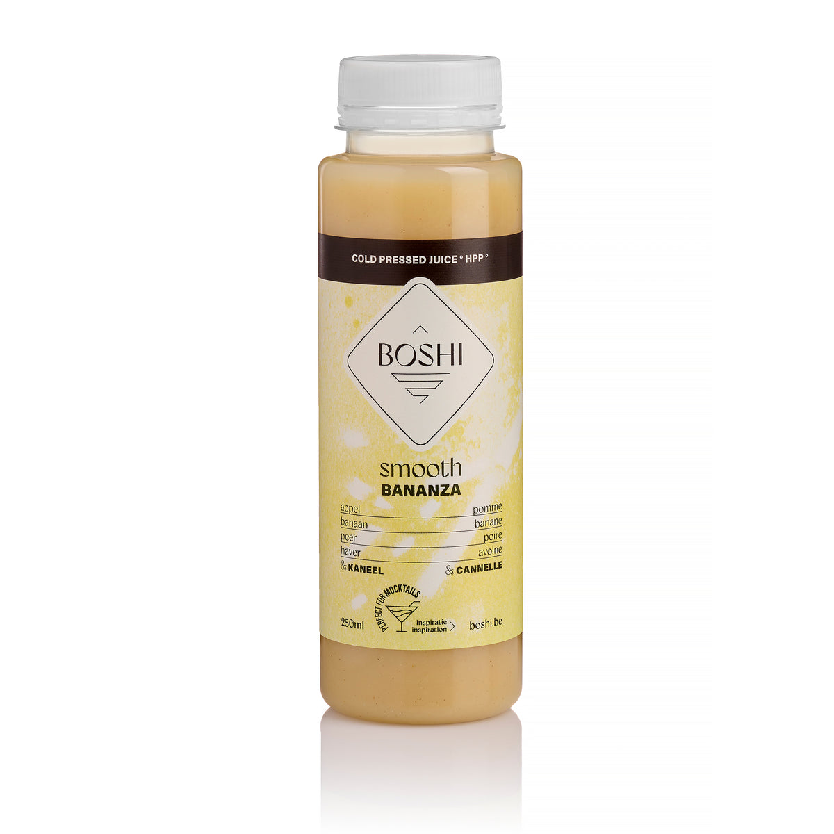 Flesje Boshi Bananza van 250 ml, smoothie met appel, banaan, peer, haver en kaneel