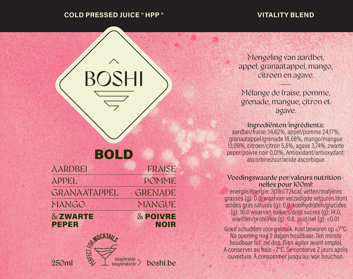 Volledig etiket van Boshi Bold met ingrediënten en voedingswaarden