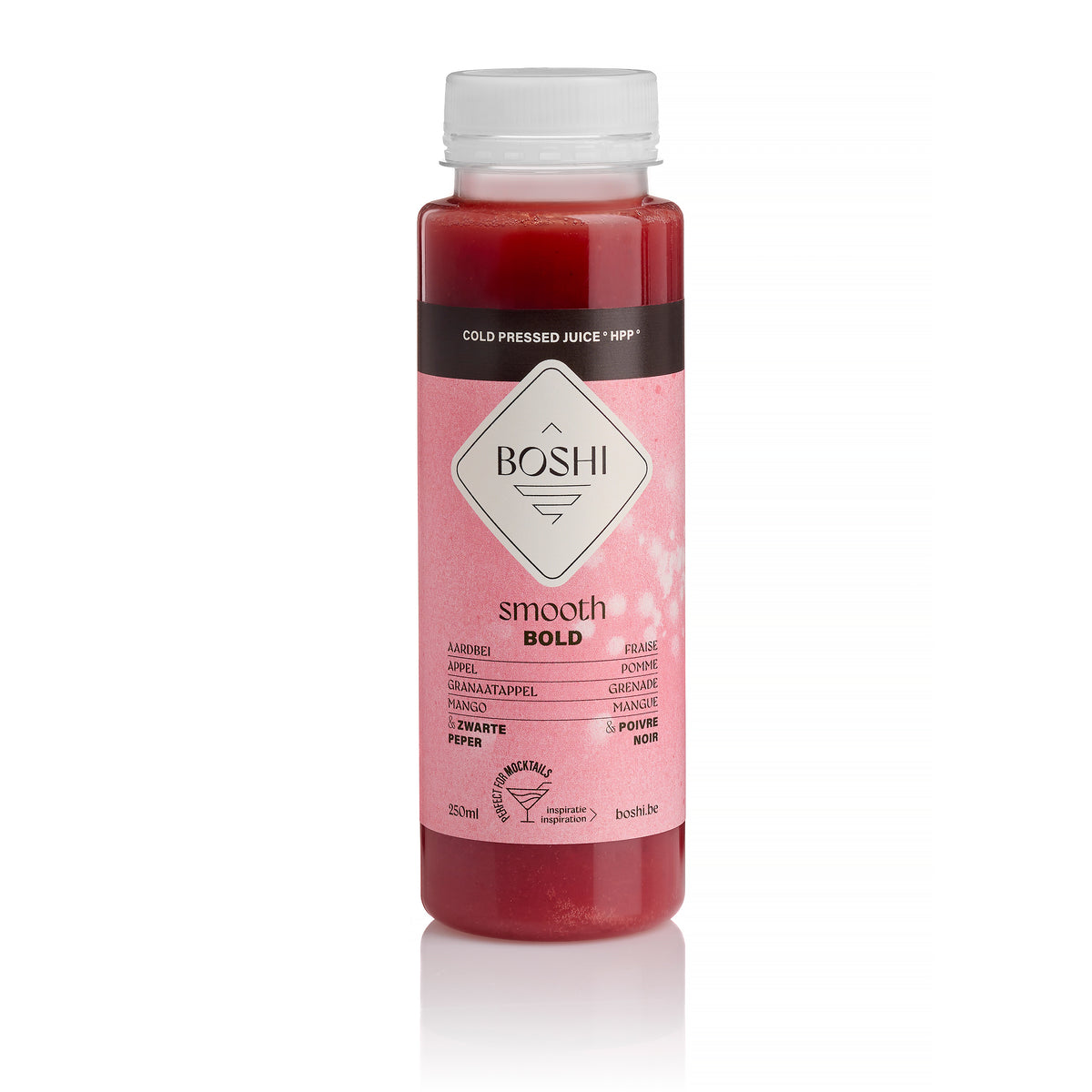 Flesje Boshi Bold van 250 ml, koudgeperst sap met aardbei, appel en granaatappel